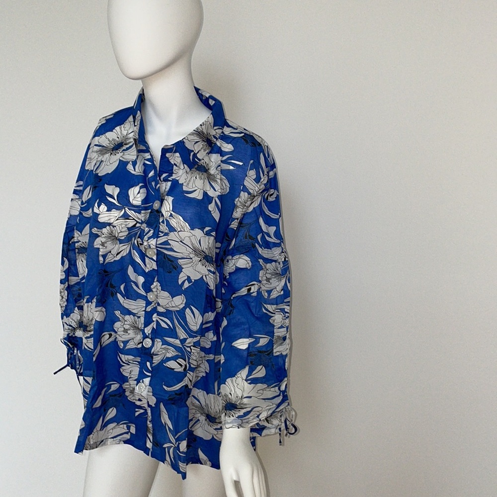 DRAPER’s & DAMONS women’s Hibiscus Hawaiian blue & white Blouse top XXL …